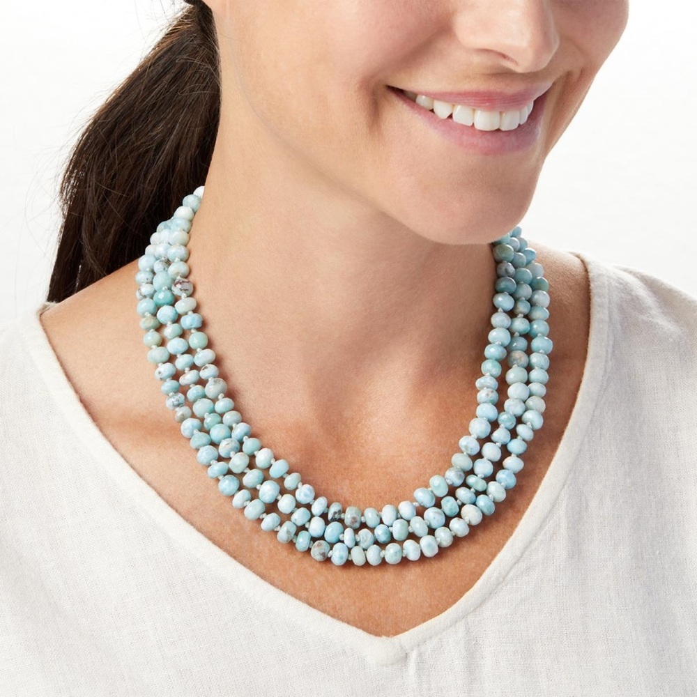 New Rarities Gold-Plated Larimar and‎ White Zircon Beaded Necklace - 840-045